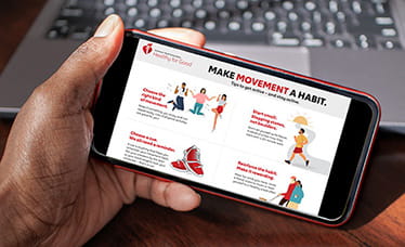 close up of a hand holding a smartphone showing what's on the screen: an AHA infographic of "Make Movement A Habit"